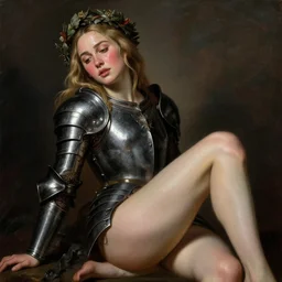 blushing, sweating, seductive young emilia clarke, blonde hair, wearing black metal armour, posing seductive, looking seductively, ornate wreath, bare legs, oil painting by titian, hard focus