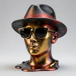 a head made out of melting metal, it is of black and golden and red color, it is wearing sunglasses and a hat