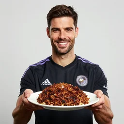 a promo portrait of mikel arteta holding a plate of haggis up to the camera, happy,