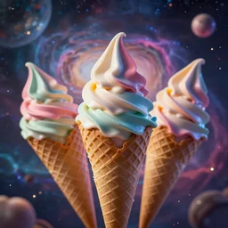colorful soft - serve ice cream cones!!!!!!!!!!!!! in a colorful fantasy nebula, dramatic lighting, cinematic, extremely high detail, photorealistic, cinematic lighting, post processed, concept art, artstation, matte painting, style by greg rutkowsky