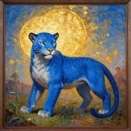 church painting of the god of nature, the blue panther, with golden nimbus, digital art
