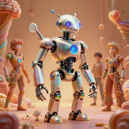 iridescent opalescent android robot animal in candyland, warm tones, bioluminescent : by michal karcz, daniel merriam, victo ngai and guillermo del toro : ornate, dynamic, particulate, intricate, elegant, highly detailed, centered, artstation, smooth, sharp focus, octane render