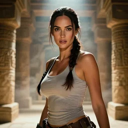 film still of!!!! megan fox!!! as lara croft in new tomb raider movie, closeup portrait, exploring inside of aztec temple, glamour pose, dramatic lighting, octane, mist, volumetric lighting, arney freytag, 8 k