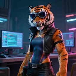 cyberpunk anthro tiger computer hacker spandex skater goggles grinning netrunner itsaunixsystem