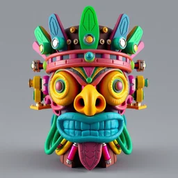 photo of a claymodel of a multicolored steampunk tiki with three faces, wearing a aztec helmet with multicolored tubes and shiny metallic devices, 3 d render, crisp, 8 k, fluorescent colors, insanely integrate