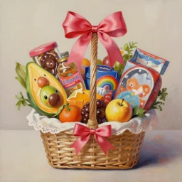 photorealistic painting of a gift basket with fruit chocolate and toys