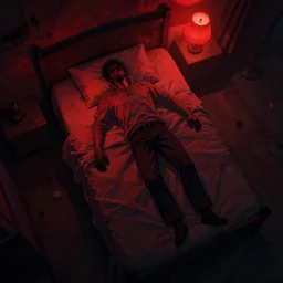 concept art, top view, artstation, nigh, red light, man laying on a bed, view from the top, night, lamp lighting, horror, dark room, volumetric light, atmospheric, grunge