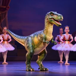 a CGI dinosaur on stage dancing the Nutcracker ballet