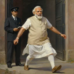 neoclassical portrait of stoned tripping narendra modi as a watchman, gatekeeper, by greg rutkowski, by zdzisław beksinski, trending on artstation, featured on pixiv, masterpiece, oil on canvas, cinematic composition, beautiful lighting,