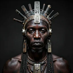 portrait of african tribal chief wearing futuristic technology, insibidi symbols, symmetrical, dramatic lighting, art by zdzislaw beksinski,