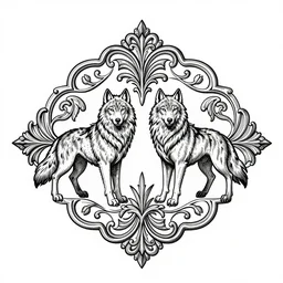 beautiful decorative ornament with spirit wolves, decorative design, classical ornament, bilateral symmetry, symmetrical, highly detailed etching