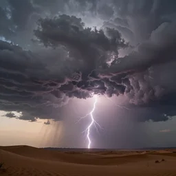 a beautiful picture of a dark thundercloud in a desert, intricate detail, god rays, an extremely close lightning strike, sunset, serene, volumetric lighting, volumetric clouds, 8 k, hyperrealistic, digital art trending on artstation