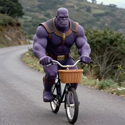 film still of purple thanos wearing his armor as brand riding a very small bicycle with a basket down a steep mountain road in the goonies 1 9 8 5