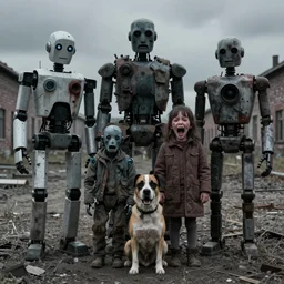 the most creepy  family photo of robots, with a robot dog, 200mm lens, post apocalyptic, sadness, depression, screaming, crying, auschwitz camp