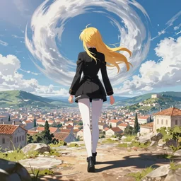 blonde - haired princess, anime princess, wearing black jacket and white leggings, greek hillside city, portal in the sky, spinning clouds, portal in sky, strong lighting, strong shadows, vivid hues, ultra - realistic, sharp details, subsurface scattering, intricate details, hd anime, 2 0 1 9 anime