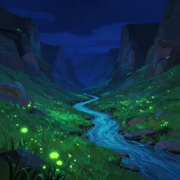 concept art by jama jurabaev, cel shaded, cinematic shot, trending on artstation, high quality, brush stroke, neon vibrant colors, under the silent night sky, mysterious canyon streams, lawns, fluorescent spots, luminous flowers, and lonely atmosphere