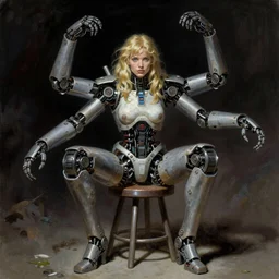 beautiful sci-fi robotic girl with four arms sitting on a stool, style of Frazetta