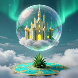 a turquoise bubble flies high in the clouds. a magical mirror castle floats in this bubble, with yellow diamonds on the facade and many filigree turrets. the plant stands on a turquoise carpet, ornaments with symbols of the fifth chakra or vishuddha chakras are embroidered with gold thread on this carpet, magical northern lights shine everywhere, in all colors, mostly turquoise and yellow