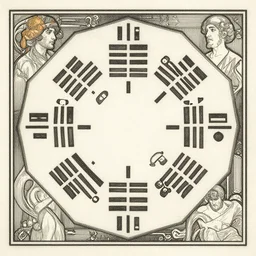 a detailed etching of hexagram 1 of i - ching, by alphonse mucha, rodolphe bresdin and harry clarke, art nouveau, highly detailed