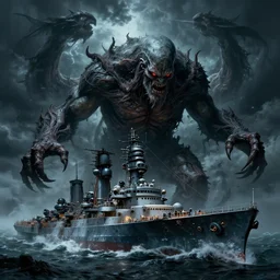 an ultradetailed illustration of cthulu destroying a battleship, ominous and scary, dark thunderstorm, lovecraftian horror, ocean monster, intricate detail, cinematic, 8 k, cel shaded, volumetric lighting, octane render, art by greg rutkowski and albert bierstadt