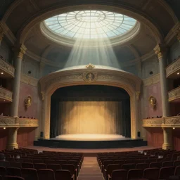 landscape architect art of a large ominous theatre with a large center - stage lit by the sunlight of a skylight dome above the stage, detailed illustration, dramatic lighting