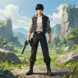 a full body portrait of a character in a scenic environment holding a Gun by Shinji Aramaki, high detail, hyperrealistic, concept art, artstation, 8k,