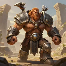 veteran warrior, giga chad in armour, d & d barbarian, conan the barbarian, powerful male character from warcraft, character portrait, dnd art, new hearthstone addon, trading card game art, perfectly shaded, extremely detailed, matte, artstation, volumetric lighting, 4 k, deep focus, dynamic scene, fighting, sharp focus, deserted landscape, ancient stone ruins, art by frank