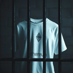 a photo of a white t - shirt behind prison bars that has a picture of ethereum on it, photorealism, contrast lighting, down lighting, at a distance