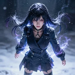 photorealistic full shot of masterpiece angry darkness anime girl, beautifull lovely eyes, posing, electric aura with particles, snowing frozen ice, darkness background, inspired by masami kurumada, akira toriyama, detailed, unreal engine 4 k, volumetric lighting, fog