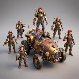 several 3d printed action figures of steampunk vehicles, Darek Zabrocki, Karlkka, Jayison Devadas, Phuoc Quan, trending on Artstation, 8K, ultra wide angle, pincushion lens effect