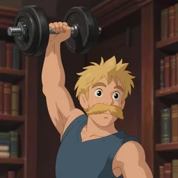 animation still frame of an athletic blond man with a blond mustache, he lifts a big dumbbell high angle closeup portrait, blurry background of a library, disney, pixar, bloom, medium shot, dramatic lighting, in the style of studio ghibli, j. c. leyendecker, greg rutkowski, artgerm
