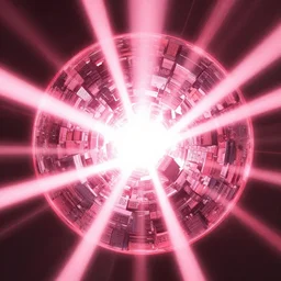 adularia, apocalyptic spherical explosion, city, akira art style, pink, red, beams of light, gamma ray beams