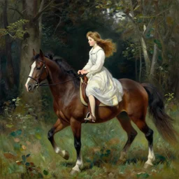a stunning painting of a girl riding a horse through forest by thomas kinkade and john aktinson grimshaw, matte painting, moody palette