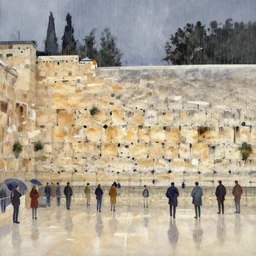 paint brush strokes, abstract watercolor painting of western wall in jerusalem in the rain, cinematic light, american romanticism by hans dahl, by jesper ejsing, by anders zorn, by greg rutkowski, by greg manchess, by tyler edlin