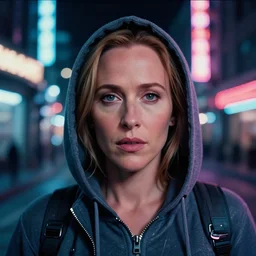 A hyper realistic and detailed head portrait photography of Gillian Anderson in futuristic hoodie on a futuristic street. by Annie Leibovitz. Neo noir style. Cinematic. neon lights glow in the background. Cinestill 800T film. Lens flare. Helios 44m