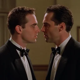 a still of a Draconian in the American Psycho (2000), doing the Bateman stare, cinematic still, 4K Bluray, wearing a bow tie