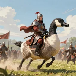 crusader riding a horse sized canadian goose into battle