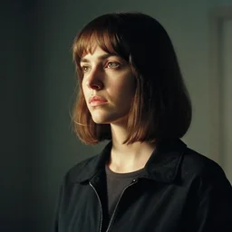 a medium - shot of scarlett johnasson looking into the distance, beautiful light failling on her face, chin - length bob with bangs hairstyle, in the sytl of ghost in the shell, by annie leibowitz
