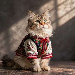anthropomorphic russian cat in folk clothes, russian folk art