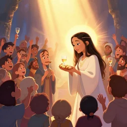 ariana grande as jesus sharing bread and wine with the local community, joyful, holy rays of spiritual light, worship, pixar style, shaded lighting poster by magali villeneuve, artgerm, jeremy lipkin and michael garmash, rob rey and kentaro miura style, trending on art station