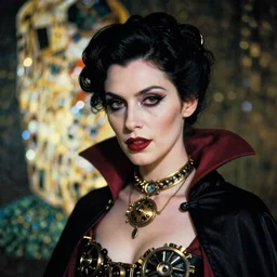 A beautiful portrait of a lady vampire, steampunk, photography, 35mm, depth of field, bokeh, soft light, cinematic, klimt