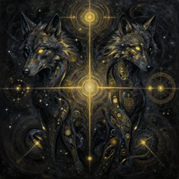 astral wolf oil painting of abstract surrealist forms by yvonne mcgillivray by mandy jurgens by michael divine, powerful eyes glowing highly detailed painting of gloomy, spiritual abstract forms, symmetrical, trending on art station, abstract emotional, very beautiful, fantasy digital art, highly detailed patterned visionary art, magic symbols, by michael divine, cosmic nebula, black gold color scheme