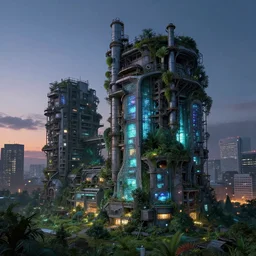 a beautiful ultradetailed highly detailed establishment building architecture abandoned industrial architecture by diebedo francis kere, tokyo at dusk vice city lightpaint at night cgsociety otherworldly uv light cosmic cyberpunk meadow tundra synthwave biopunk hyperrealism rainforest, archdaily, wallpaper, highly detailed, trending on artstation.
