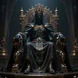 of a beautiful fantasy highly detailed moloch alter with a mysterious shrouded king sitting on a throne, artstation, stunning, octane render,