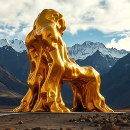 color photo of a massive liquid gold sculpture in cordillera de los andes, photography by werner herzog