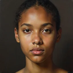 detailed portrait in femininity, realistic face sculpted features, melanin, clear eyes, statuesque, feline, warm glowing skin, chiaroscuro, tangible, peach fuzz, angular impressionism, deep ambient backdrop, contemporary, modern fashion, natural colors, greg rutkowski and gaston bussiere and craig mullins and j. c. leyendecker