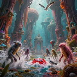 strange creatures wandering The Grove, And the flung spray and the blown spume and the seagulls crying, jellymeat, cinematic, hyper realism, high detail, octane render, unreal engine, 8k, vibrant color, Cthylla's laboratory!, a desolate alien world full of rich colors, unique architecture, by andrea chiampo and chet zar