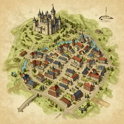 steampunk town map with drawings on it of a castle and buildings