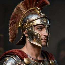 close - up portrait athenian warrior with helmet and armor, color photograph by jan saudek