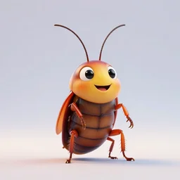 colorful full body shot of a smiling cute anthropomorphic cockroach, with long thin antennae, trending on artstation, trending on deviantart ,cinematic backlighting, 8k, symmetrical, correct proportions, hyper detail illustration by tim schafer, by peter chan, vibrant colors, by deamworks, orange lights, pink shadows